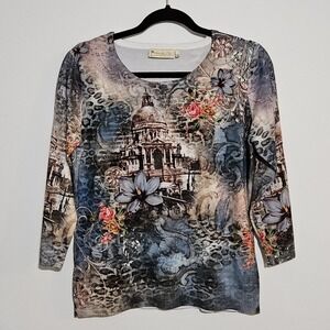 Impulse California Blouse‎ Womens Size M All Over Print Graphic Floral Landmark
